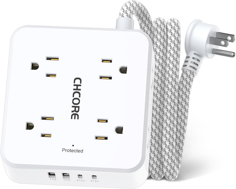 Core 5Ft Flat Plug Braided Extension Cord - Surge Protector Power Strip with 8 Outlets and 2 USB-C (PD 30W) Fast Charging Ports and 2 USB-A Ports for Home, Office, Dorm Room Essentials, ETL, White - Image 1